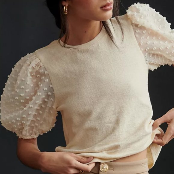 Anthropologie Tops Anthropologie Maeve Ivory Clip Dot Puff Sleeve Top Poshmark